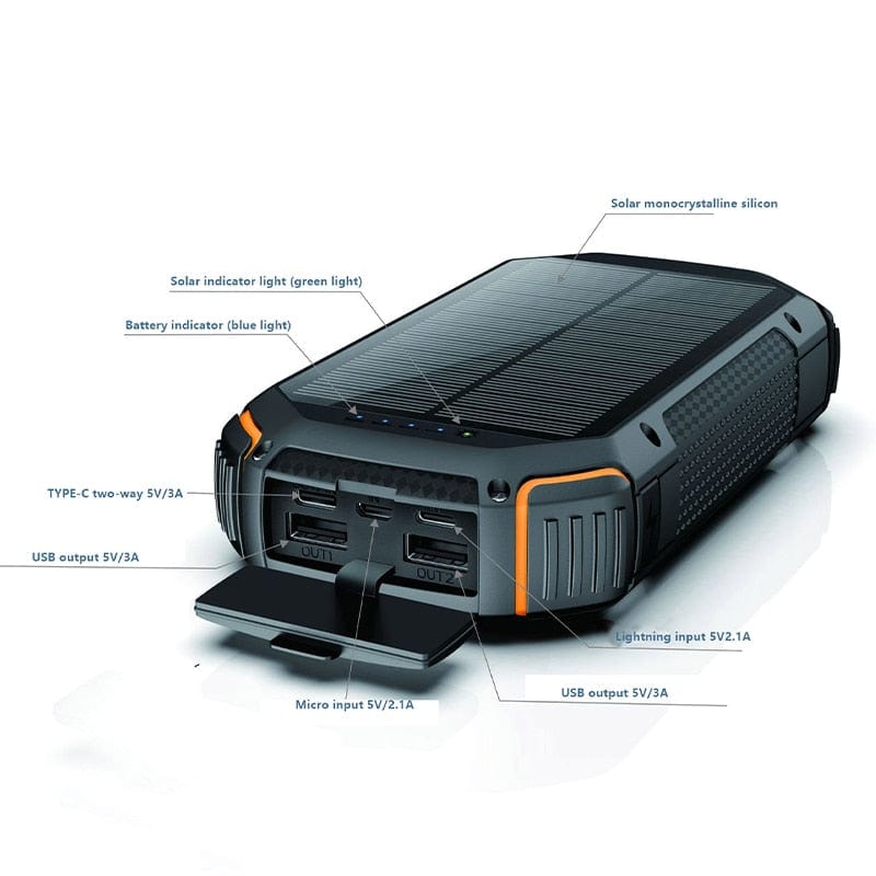 20000mAh Solar Power Bank with Fast Charging, Waterproof Design, and Red Warning Light for Emergency Situations